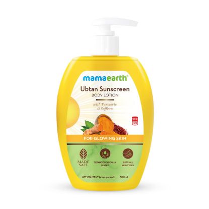 Show details for Mamaearth Ubtan Sunscreen Body Lotion SPF 30 with Turmeric & Saffron for Glowing Skin – 300ml Picture of Mamaearth Ubtan Sunscreen Body Lotion SPF 30 with Turmeric & Saffron for Glowing Skin – 300ml